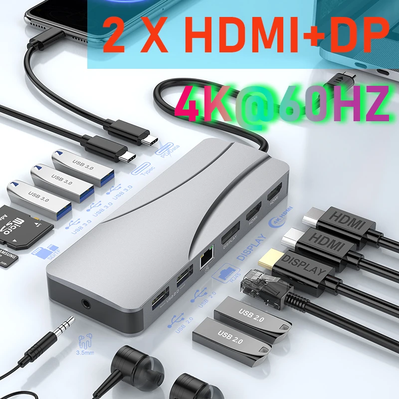 Hub Thunderbolt Tipo C Docking Station Usb C 2X Hdmi Displayport Per Laptop Macbook Dell Hp Lenovo Asus Huawei Xiaomi Samsung