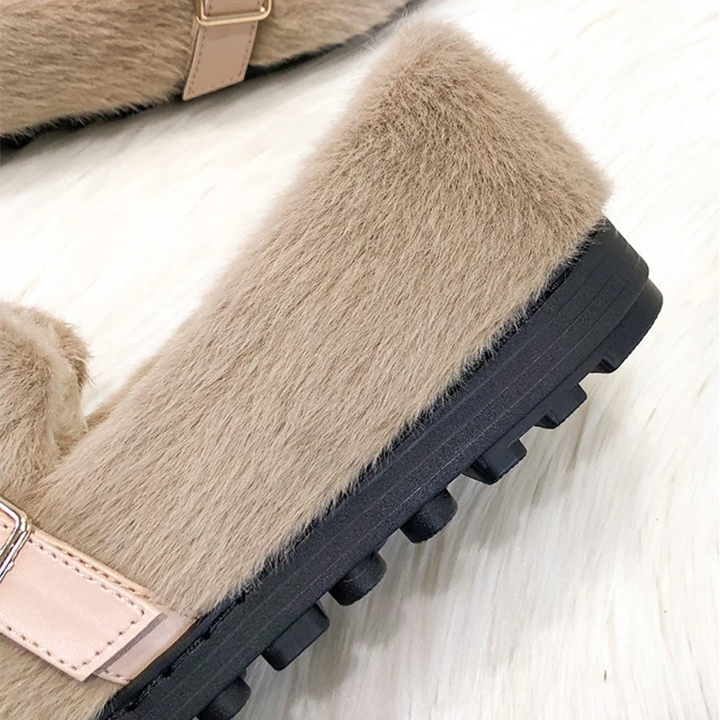Winter Warm Women&rsquo;s Plush Flat Shoes belt buckle mary jane Ladies casual boat shoes Outdoor office wear