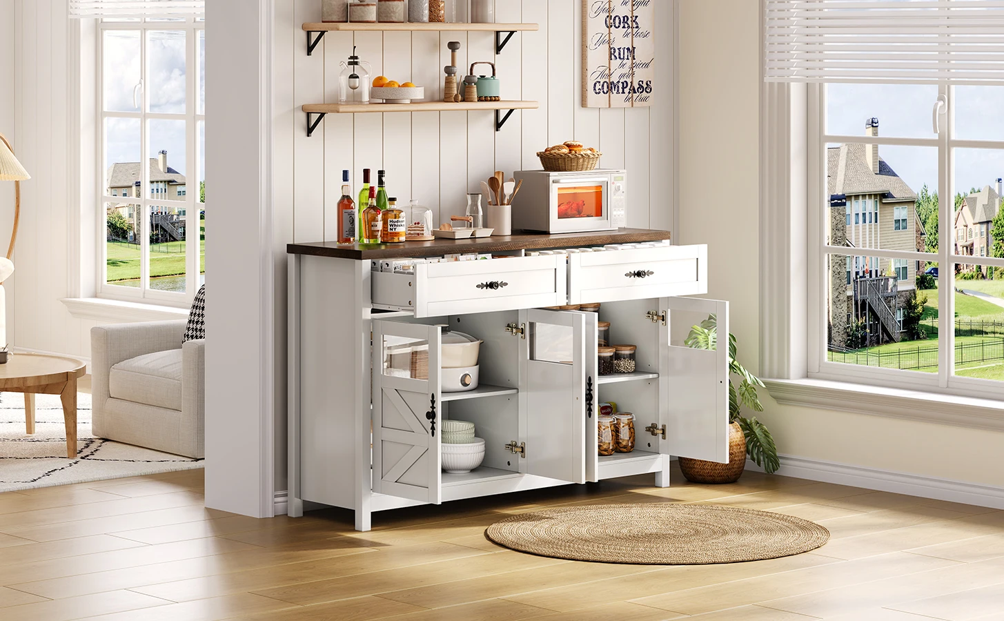 Rosahqnda Buffet Sideboard 140cm mit Stauraum,Kaffeebar mit 2 / 3 Schubladen,Landhaus-Konsole mit Türen,Schränke mit Regalen – Detail 16