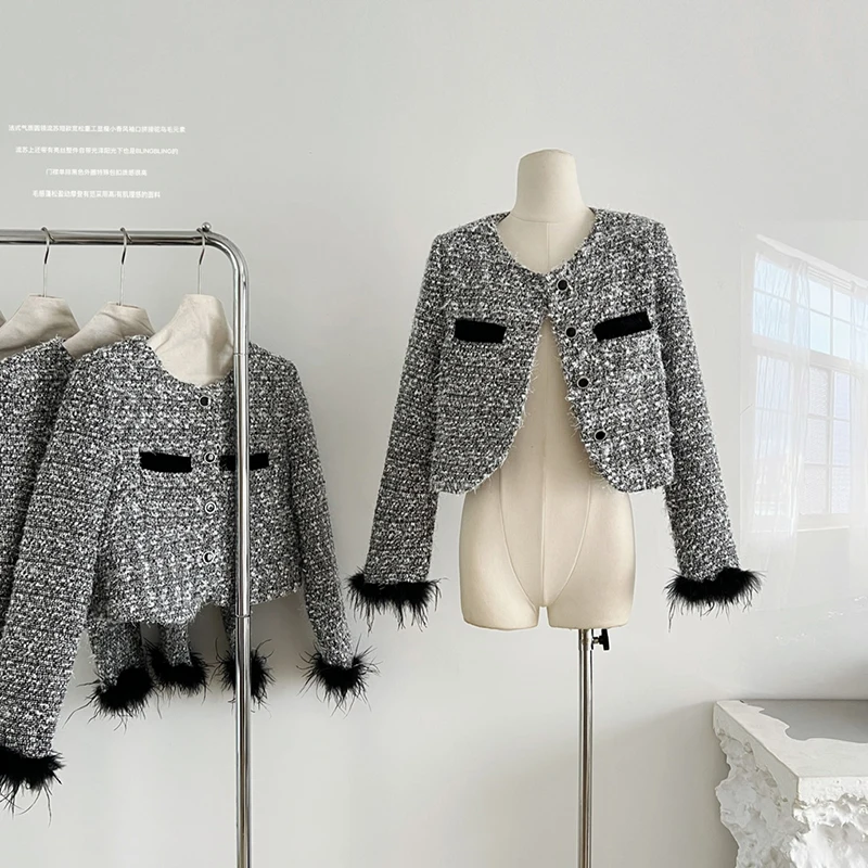 

Женская короткая куртка с круглым вырезом, свободная повседневная куртка во французском стиле с бахромой, Осень-зима