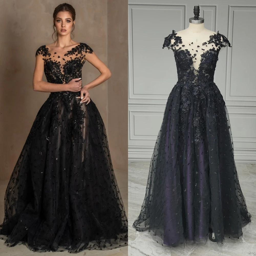 

19533# 100% Real Photos Black Gothic Cap Sleeves Beaded Lace A-line Backless Wedding Dress Sweep Train Bride Gown For Women