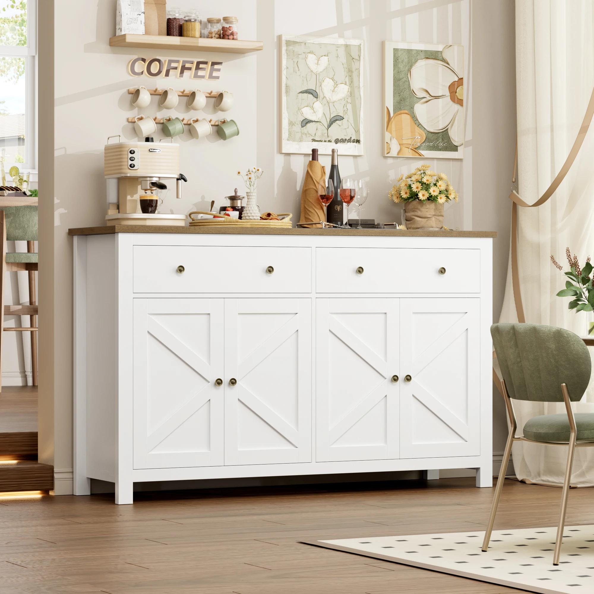 Getone White Sideboard Storage Cabinet 140cm Large Kitchen Cabinet for Living Room Dining Room