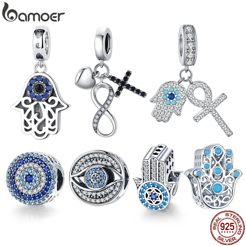 

Bamoer 925 Sterling Silver Evil Eyes Beads Fatima Hand Hamsa Hand Dangle Charm Beads fit Bracelets & Bangles Infinity Charm