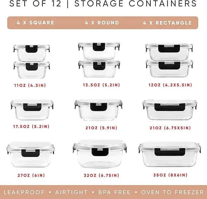 "24pc glass food storage set – 12 airtight containers & lids, freezer-safe" 3