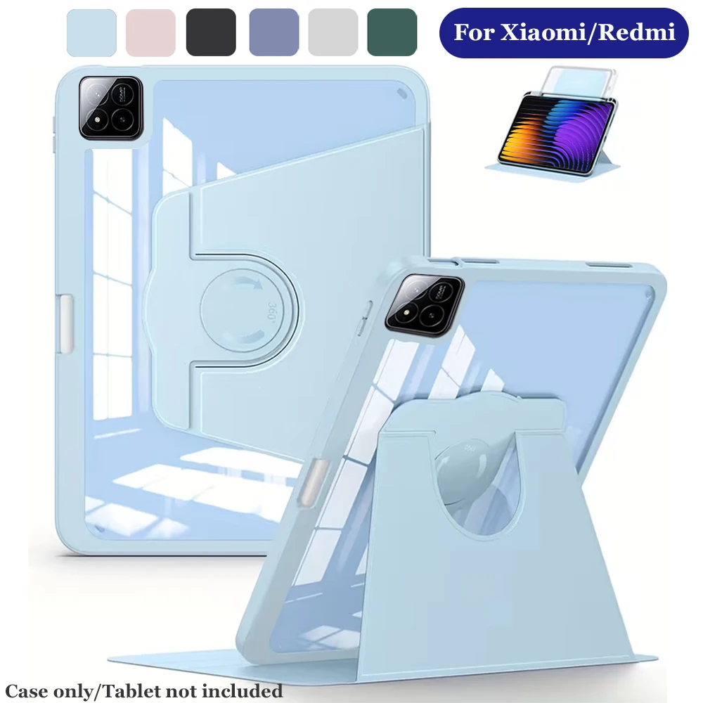 360 ° Funda Giratoria Transparente de Acrílico para Xiaomi Mi Pad 6/7/8 Pro Redmi Pad 2/SE con Ranura para Lápiz, Soporte Inteligente Antigolpes