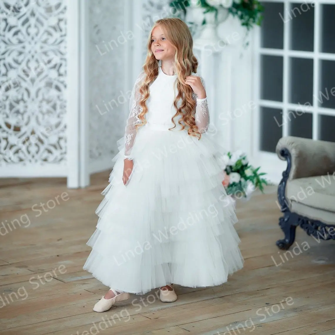 

Ivory Lace Flower Girl Dresses For Wedding Long Tulle Litter Kids Toddler Pageant Dress for photoshoot First Communion Dress