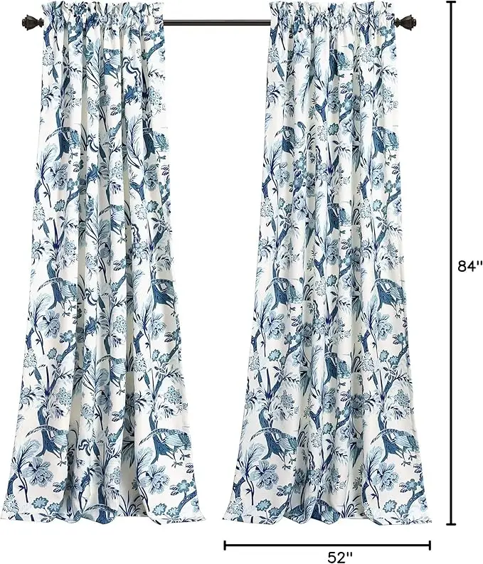 52" W x 84" L Light Filtering Window Panels, Pair, Blue Toile Curtains with Floral Bird Print, Ideal for Grandmillennial, French 6
