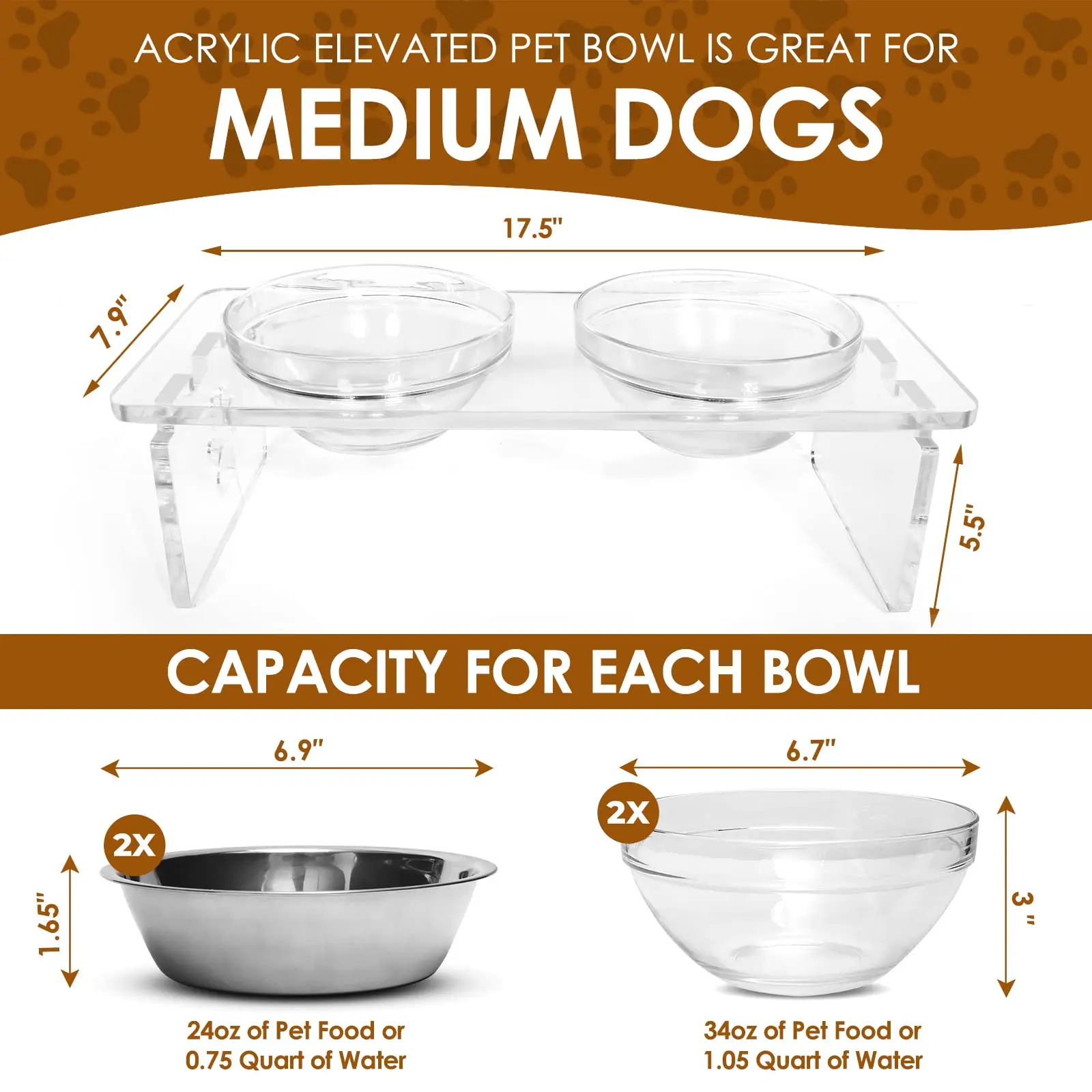 Dog and Cat Bowls Elevated Set - Acrylic Feeder Stand with 2 Set Removable  Stainless Steel and Glass Bowls Food and Water Raised Dishes for Small