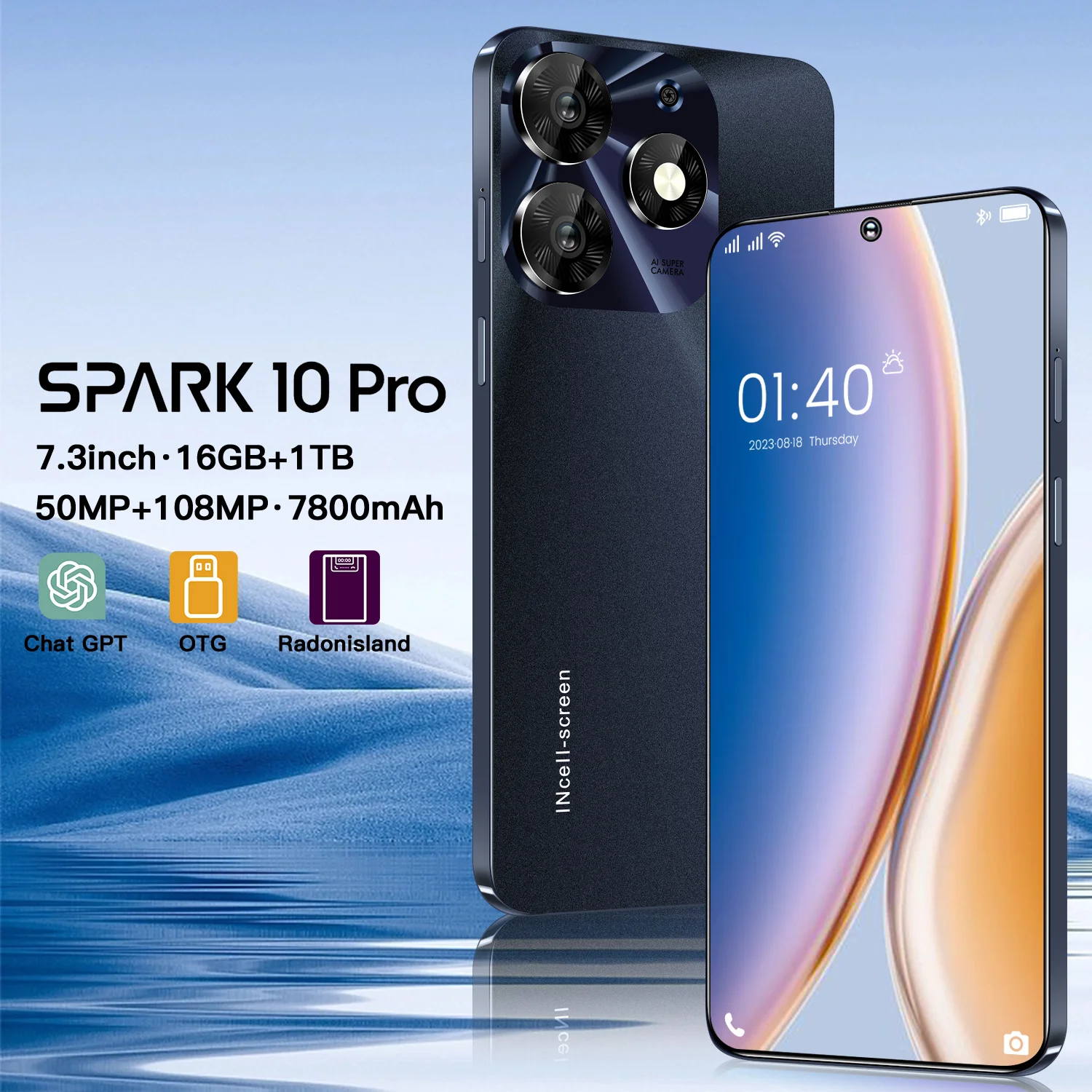 스파크 10 프로 스마트폰 5G 오리지널 휴대폰 7.3, HD 7800mAh 휴대폰, 16GB + 1TB 듀얼 심 휴대폰, 안드로이드 페이스 잠금 해제, 신제품