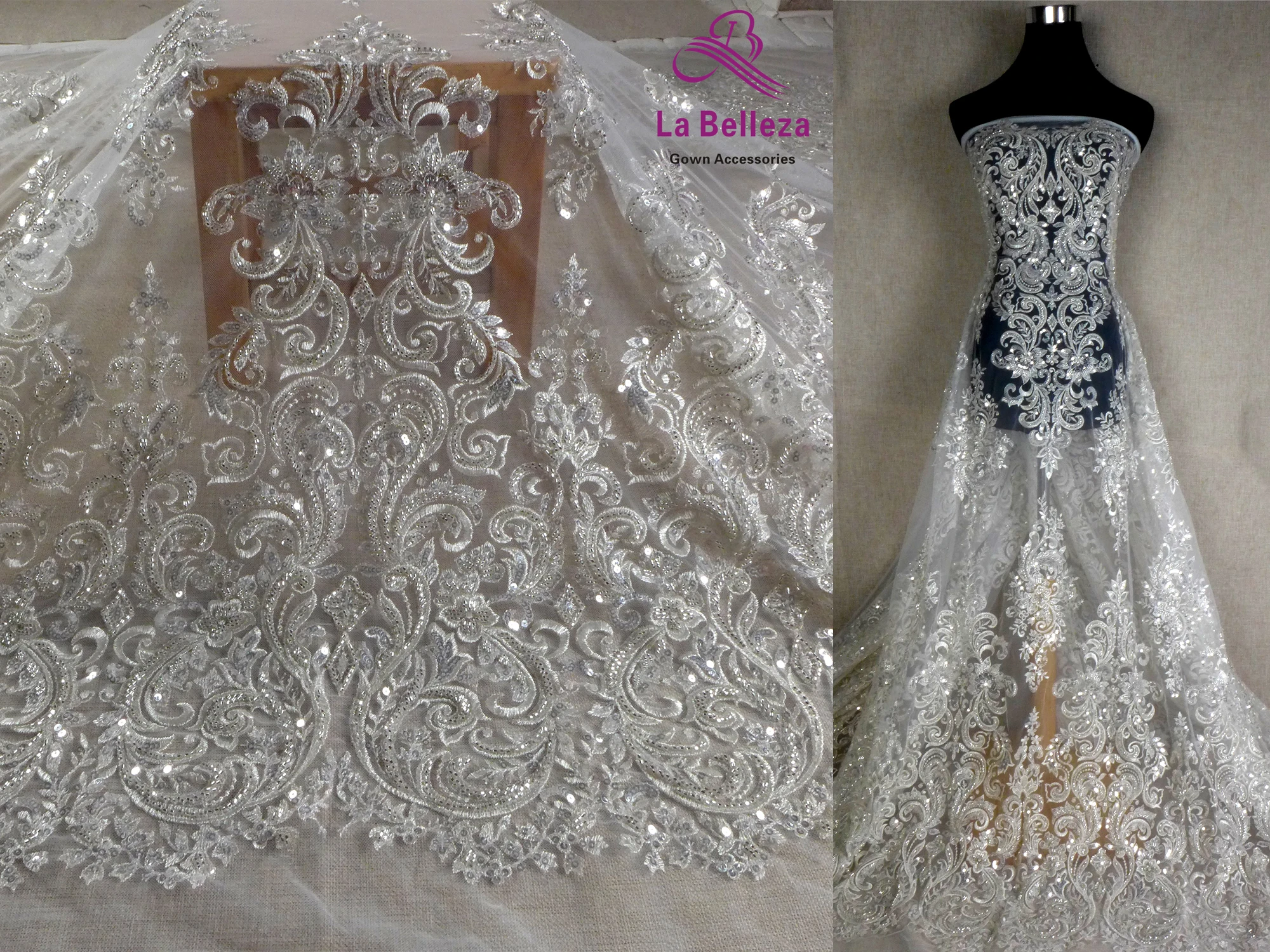 

La Belleza 2021 fashion bridal lace,Large patterns lace fabric,silver beading wedding dress lace fabric 51'' width 1 yard