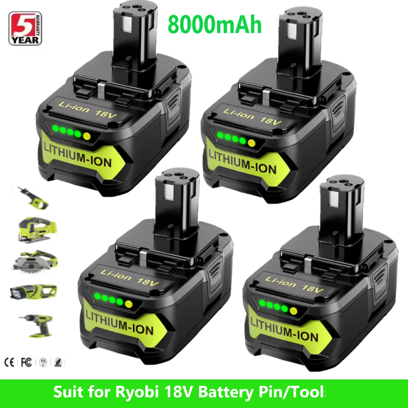 VANON 1/2/4Pcs P108 18V 8.0Ah Replace for RYOBI One+ Plus Li-Ion Battery Pin P104 P107 RB18L50 RB18L20 P108
