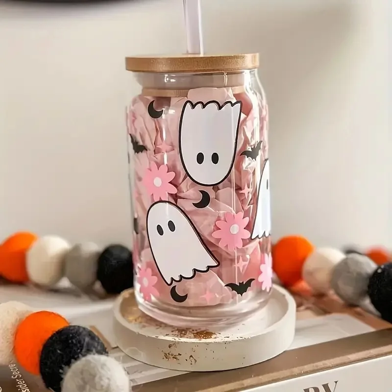 4 set of 550ml/18.7oz Halloween glass jar with bamboo lid and straw-perfect for cold drinks, suitable for juice, milk, etc.