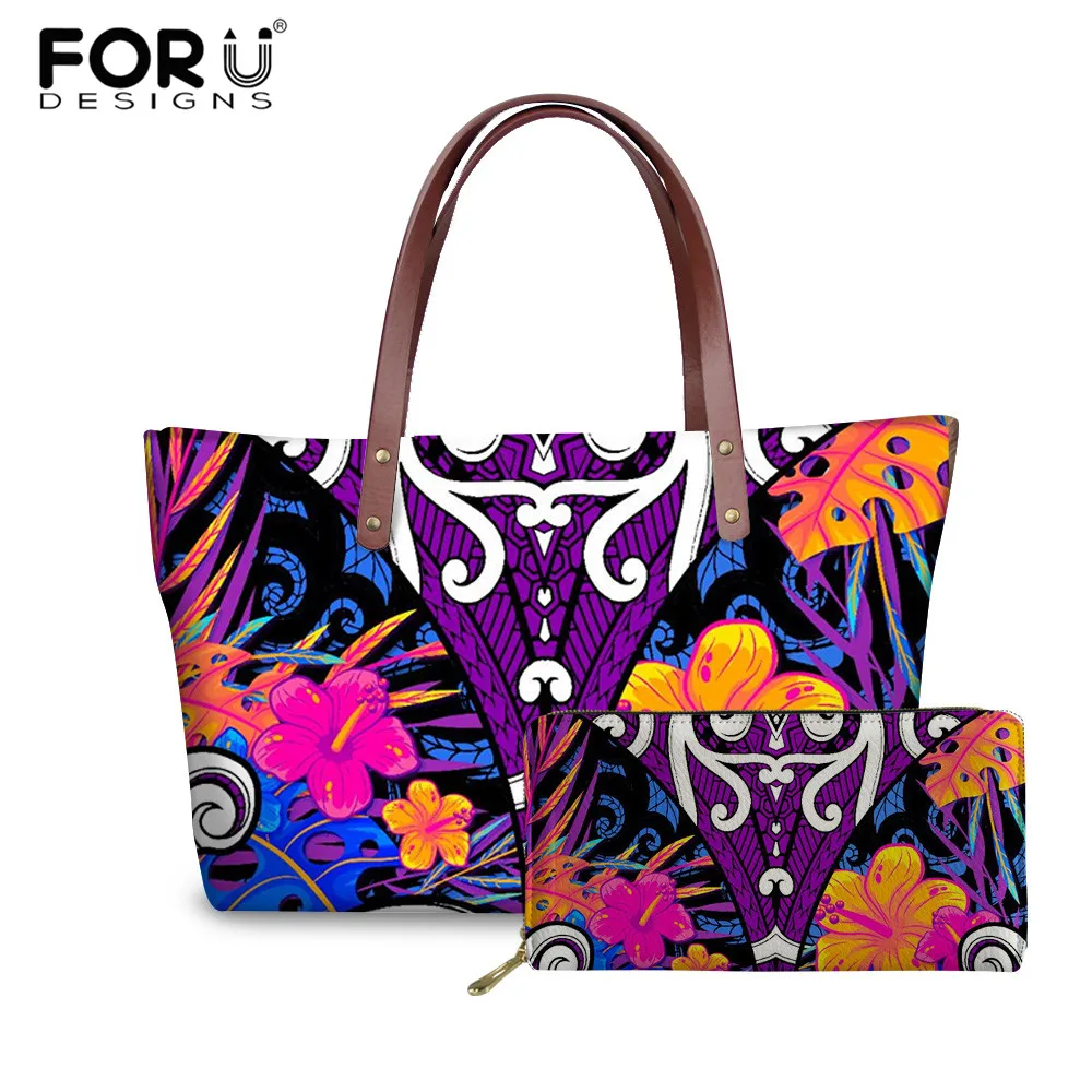 FORUDESIGNS Beautiful Tribal Flowers Women Shopping Tote Bag Set Classical Comfort Soft Polyester Female Shoulder Bag and Wallet