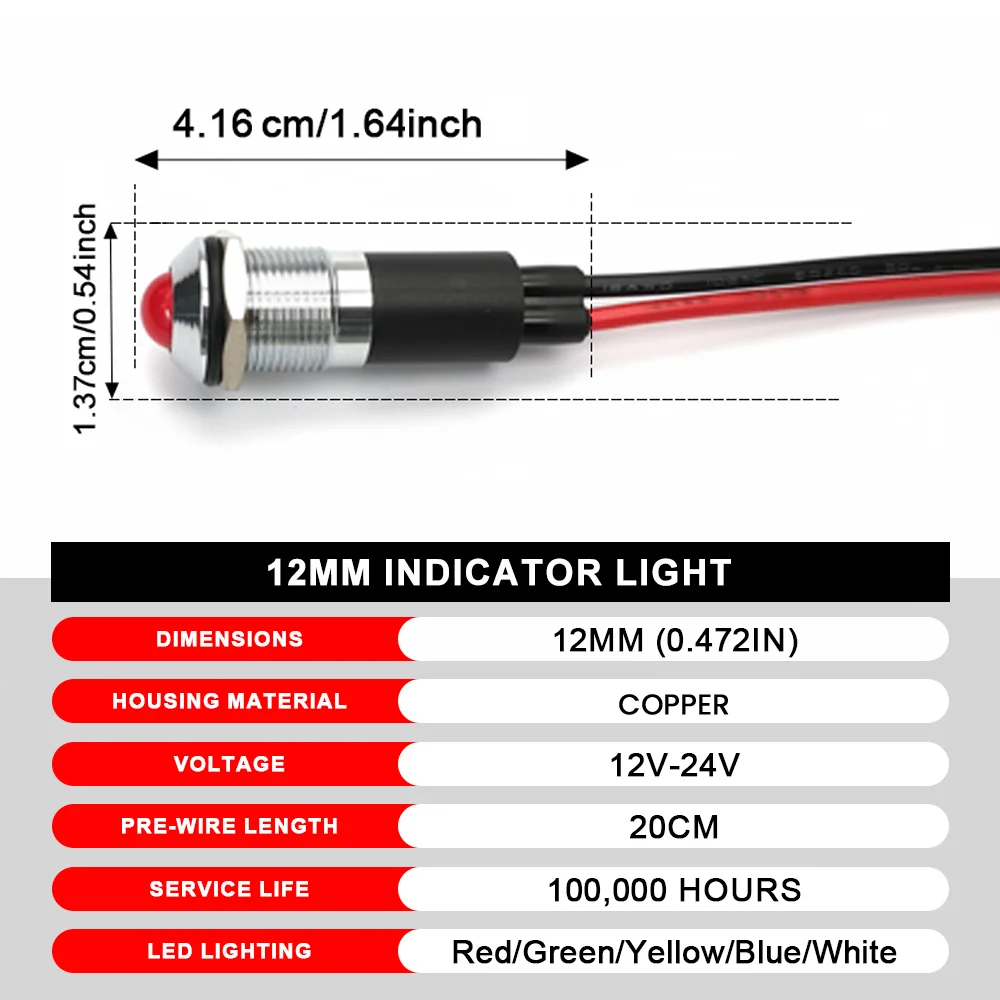 FILN 5/25PCS 12mm IP67 방수 전원 신호등 금속 LED 경고 표시등 12-24V 자동차 보트 대시보드용 파일럿 라이트