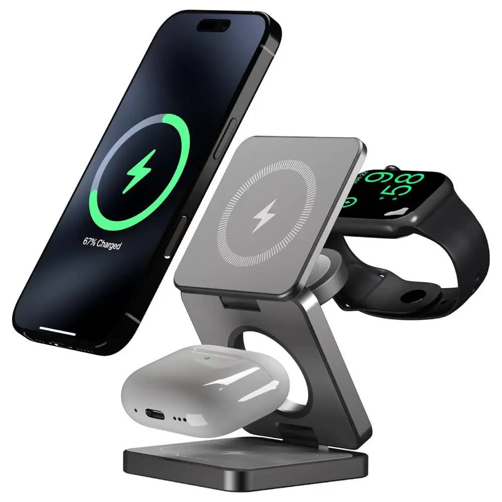 3 In 1 Foldable Magnetic Wireless Stand For IPhone 16 15 14 13 Pro/Max/Plus 3/2 Station Dock Fast Charger Holder_voghion.com