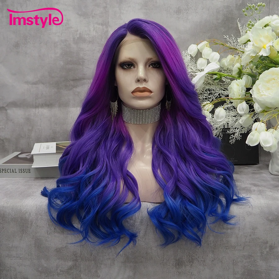 Imstyle Purple Blue Wig Ombre Synthetic Lace Front Wig Heat Resistant Fiber Natural Wavy Wigs For Women Cosplay Party Wig