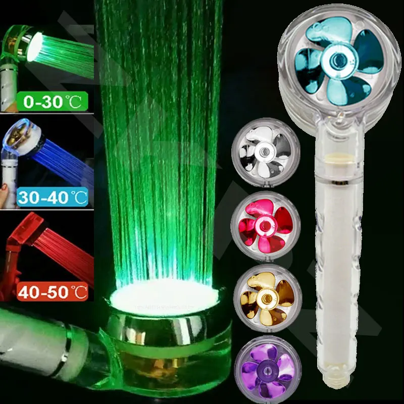 

Led Shower Head With Fan 3/7 Colors Changes Temperature Sensor Water Saving High Pressure Hand HoldStyle Bathroom Showerhead Set
