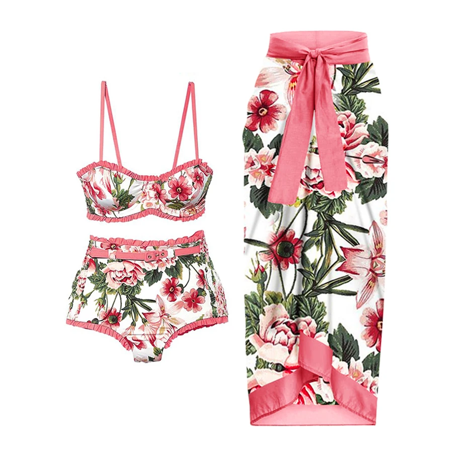 Fashion Colorblock Floral Print  Summer Beach Solid Push Up Micro Swimsuit Pink Set Women's Suit Surf Wear
