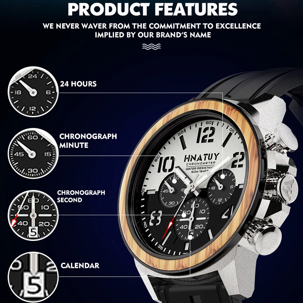 HNATUY Relogio Masculino Men Watches Sports 5bar Waterproof Watch Stainless Steel Case Luxuri Chronograph Quartz Watch Clock 6