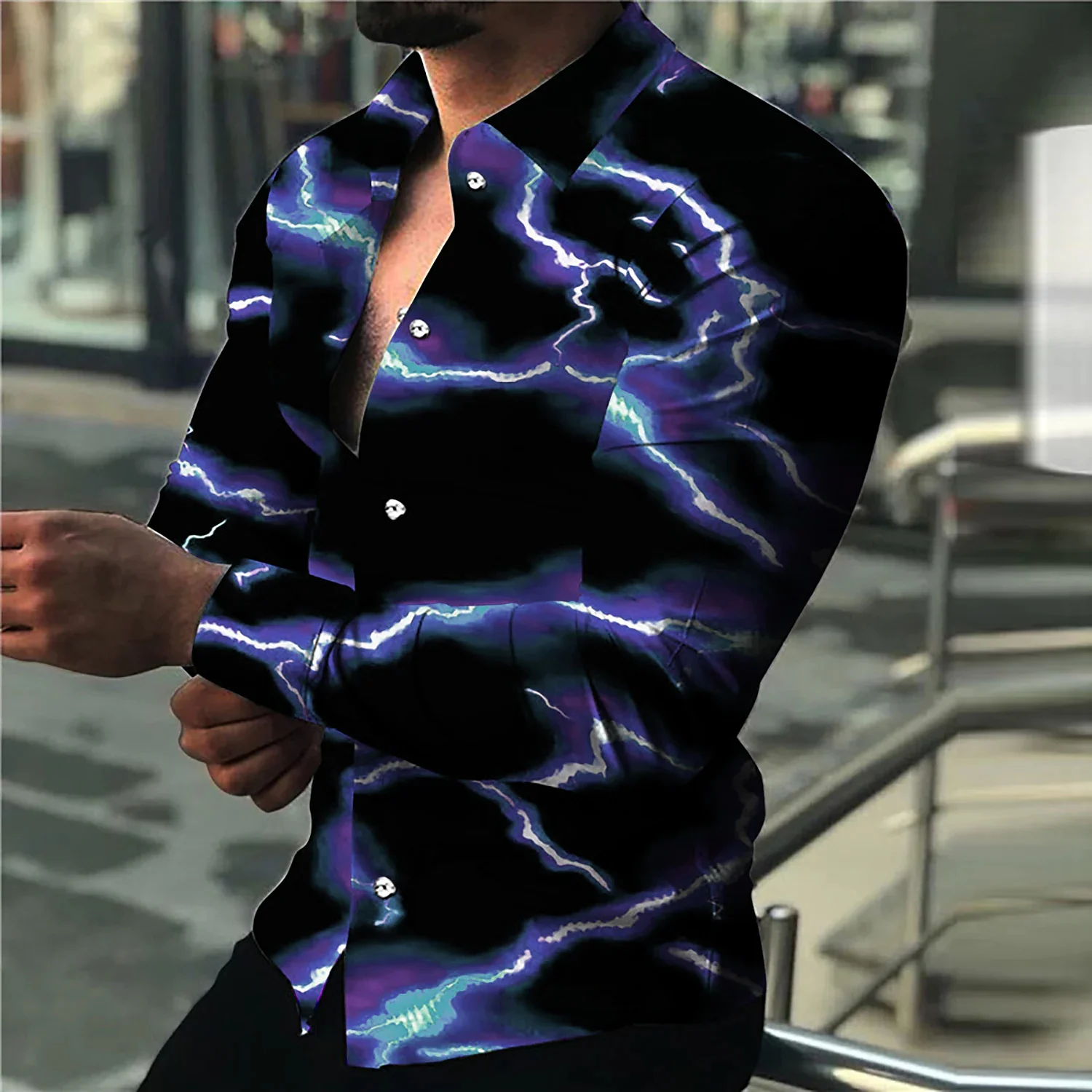 Button Down Shirt Men Black Print Long Sleeve Vintage Casual Tee Blue  Lightning