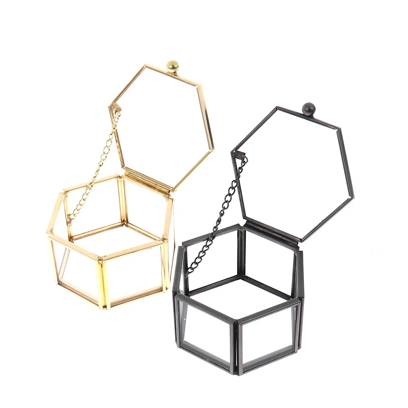 1PC 8*7*4.5cm Tranpartent Geometrical Glass Jewelry Box Hinged Top Lid  with Metal Chain Jewelry Organize Holder Ring Box 3