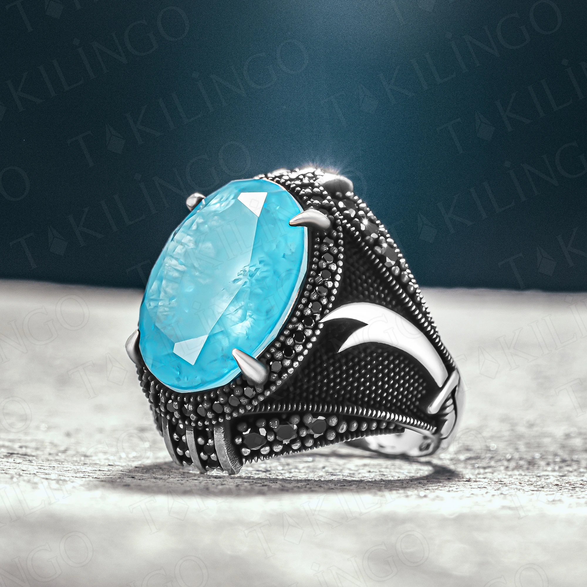 

S925 Sterling Silver Blue Paraiba Stone Men's Ring Zulfiqar Sword Imam Ali Turkish Handmade Religious Ring