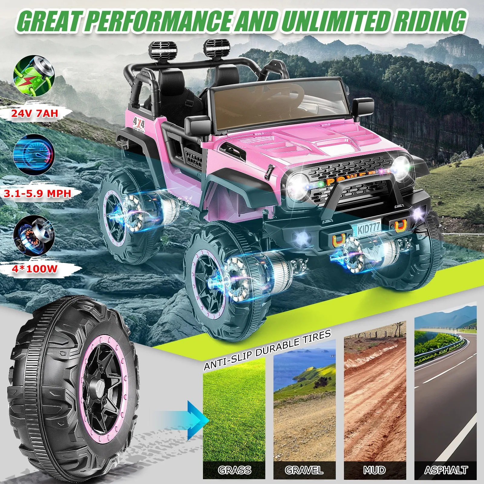 24V 2-Seater Kids Ride on Truck Electric Car 4WD/2WD Switchable 7AH Battery Powered 3 Speeds