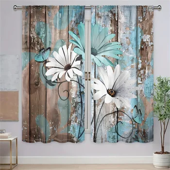2Pcs Vintage Wooden Floral Curtains Mint Green White Daisy Butterfly Living Room Bedroom Window Decor Curtains Country Sty 2