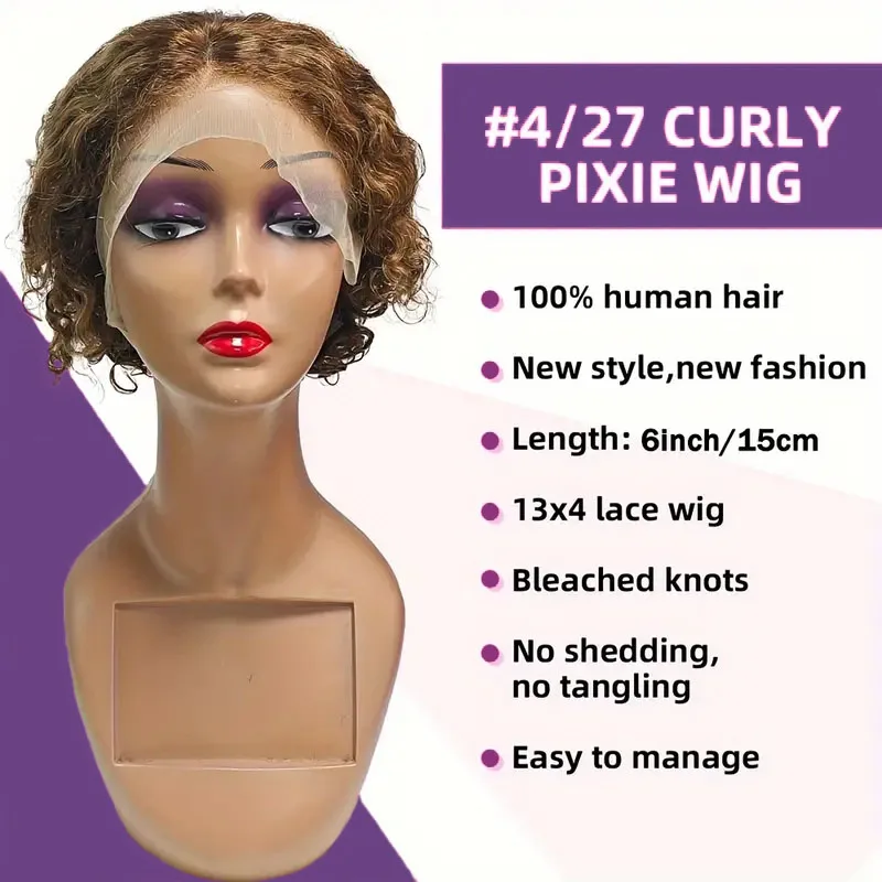 Pixie Cut Wig Short Bob Wig 4/27 Highlight Ombre Blonde Curly Short Bob Brazilian Human Hair 13x4 Lace Front For Women