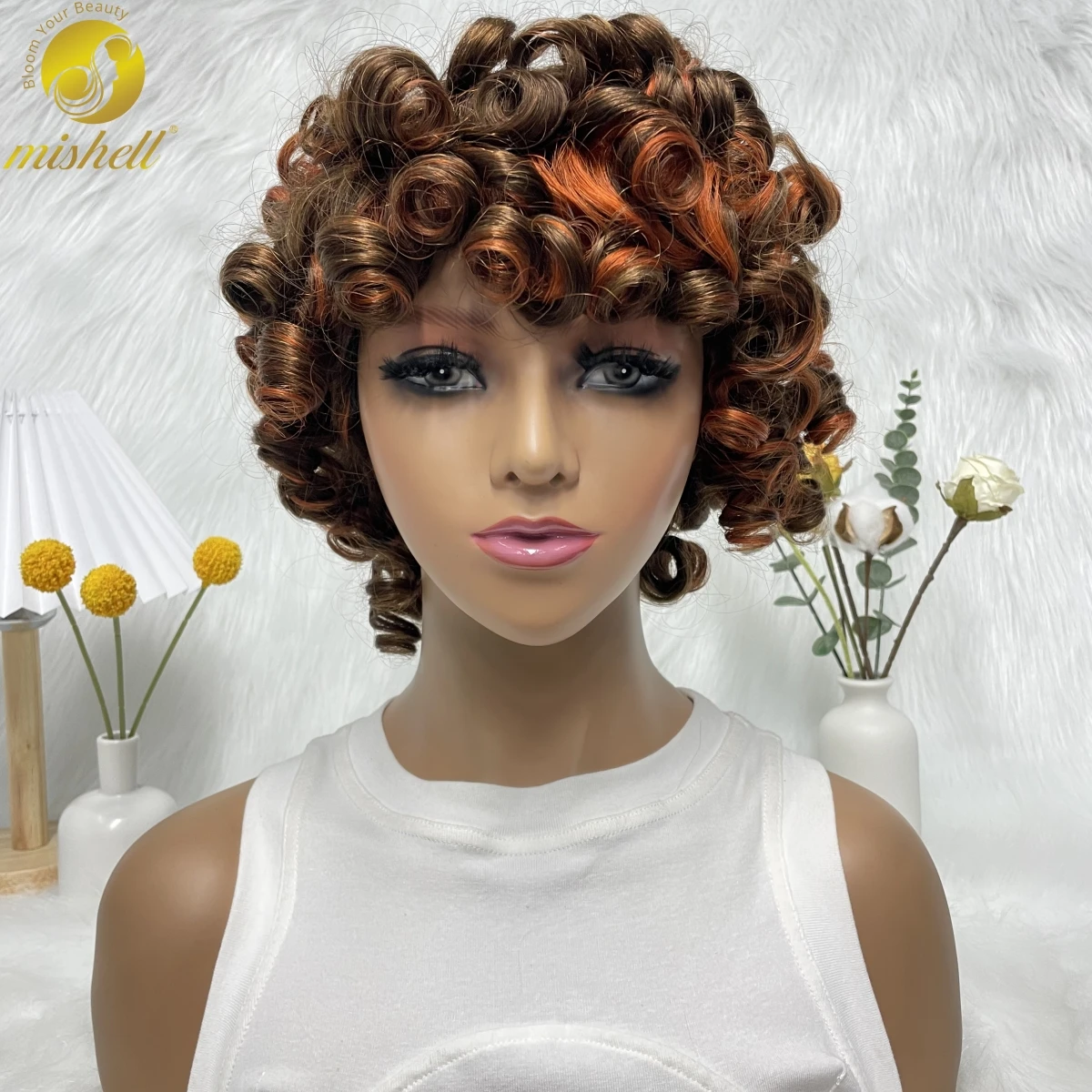 

200% Density Bouncy Curly Human Hair Wig With Bangs Short Afro Kinky Curly Full Machine Made Wigs 6 Inches For Black Women 4-305