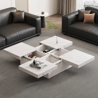 Table basse carrée moderne blanche avec finition effet marbre, 90 x 90 x 25 cm – Quatre tiroirs, plateau coulissant, robuste 3