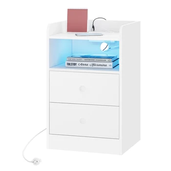 Nightsatand Comodino con stazione di ricarica Prese USB Porte Tavolino con luce a LED Tavolo da letto in legno 1
