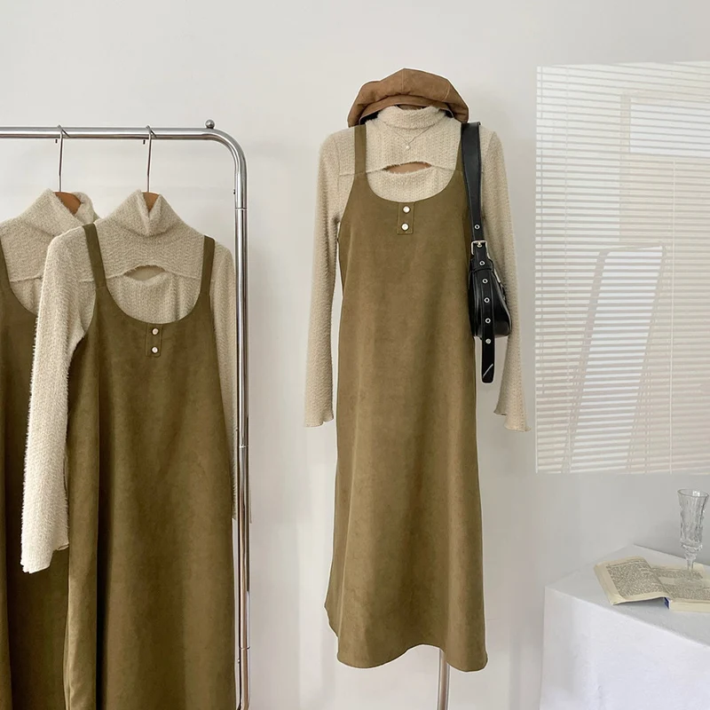 

Осень 2023, зеленое платье на бретелях с квадратным вырезом, шикарный дизайн, топы, 2 предмета, винтажный Модный повседневный комплект