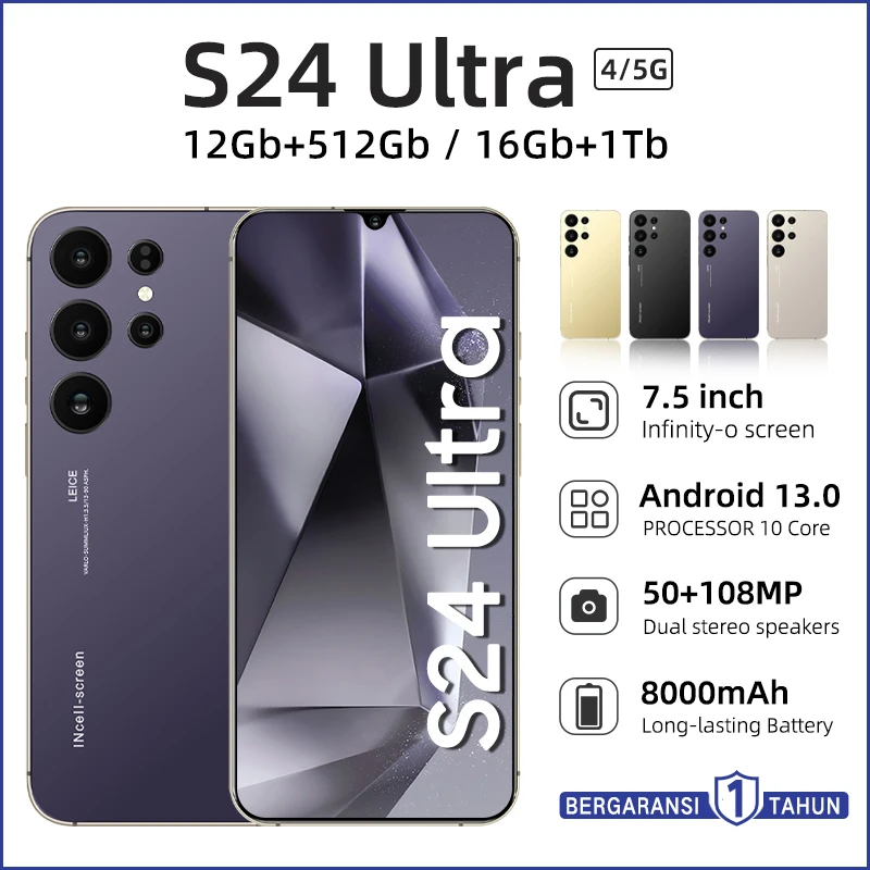

2024 NEW S24 Ultra 7.5 HD Android Mobile Phone Unlocked 4G/5G Dual Sim Card 8000mAh 16GB+1TB Cellphones 50MP+108MP smartphone