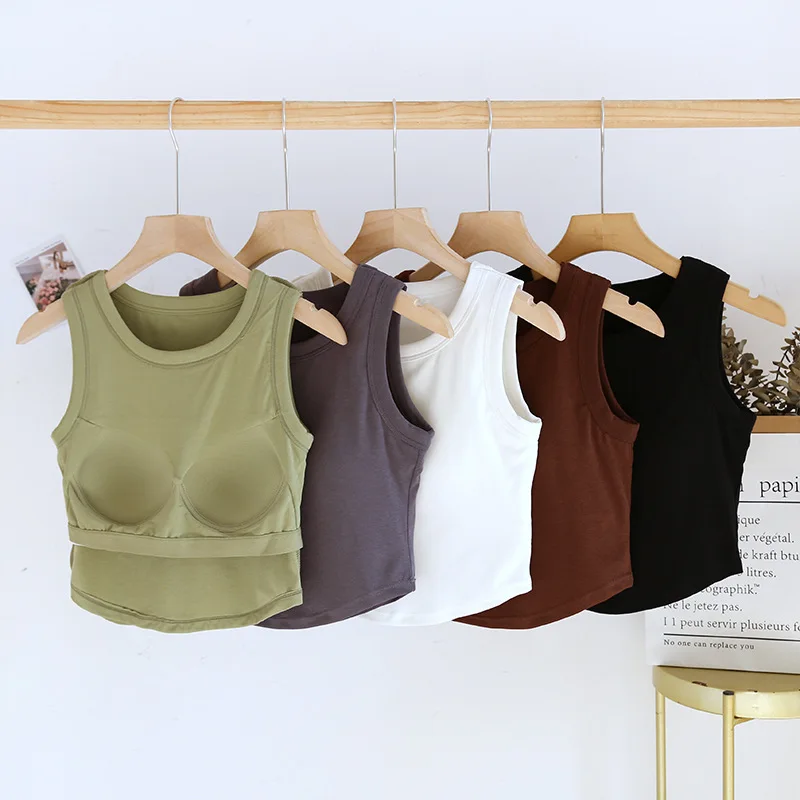 Women's T-Shirts Short Crop Top with Padded Bust Slim Base Layer Tops Undershirts Solid Color Comfort Tank Female Outwear C5717