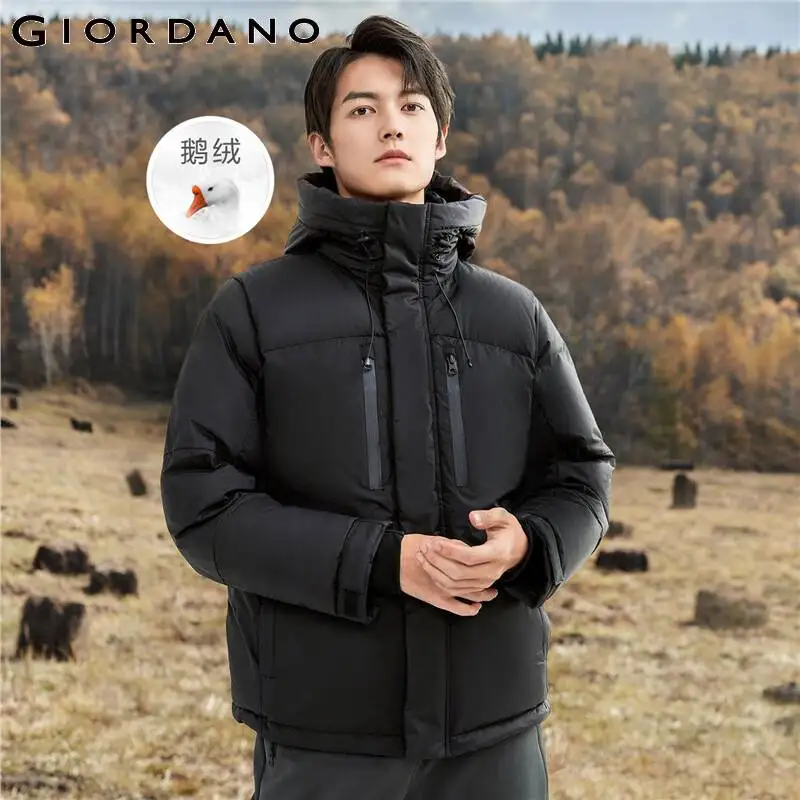 Giordano Men Down Jackets Hooded 90% Grey Goose Down Jacket Machine Washable Zip Front Waterproof Down Coat 01071699