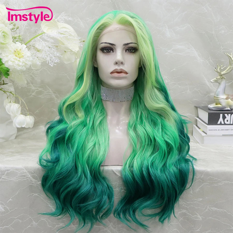 Imstyle Green Wig Long Synthetic Lace Front Wig Wavy Ombre Wigs Women Heat Resistant Fiber Highlight Cosplay synthetic wig