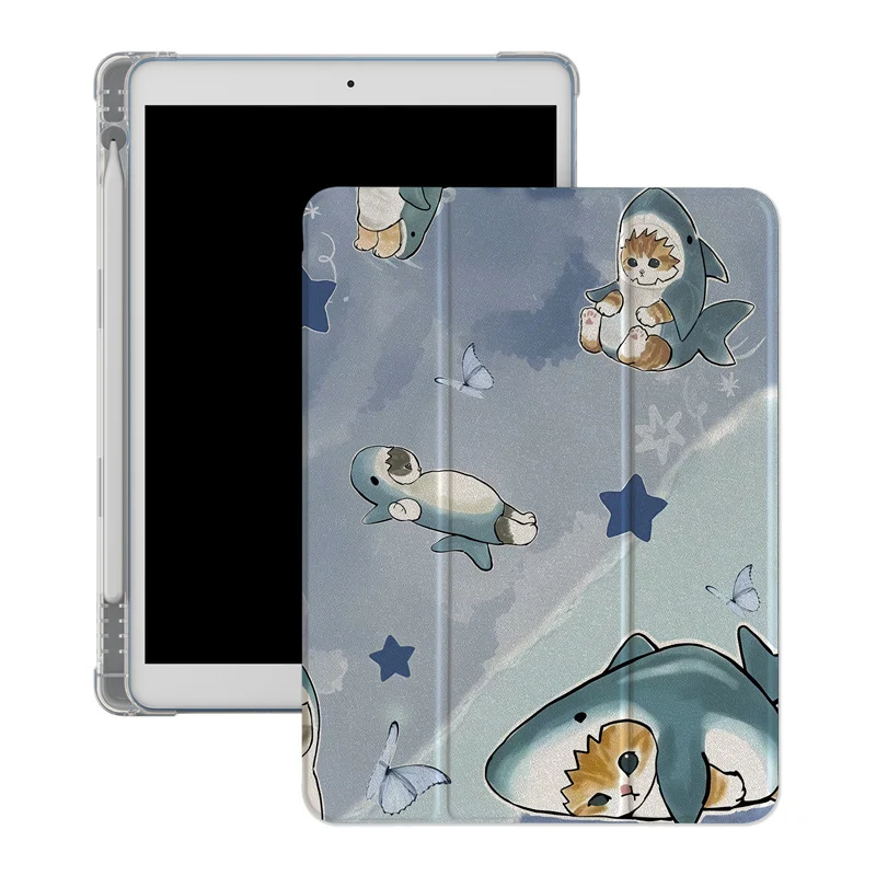 Adorable Cat Shark-Themed Tablet Case with Sleep/Wake Function