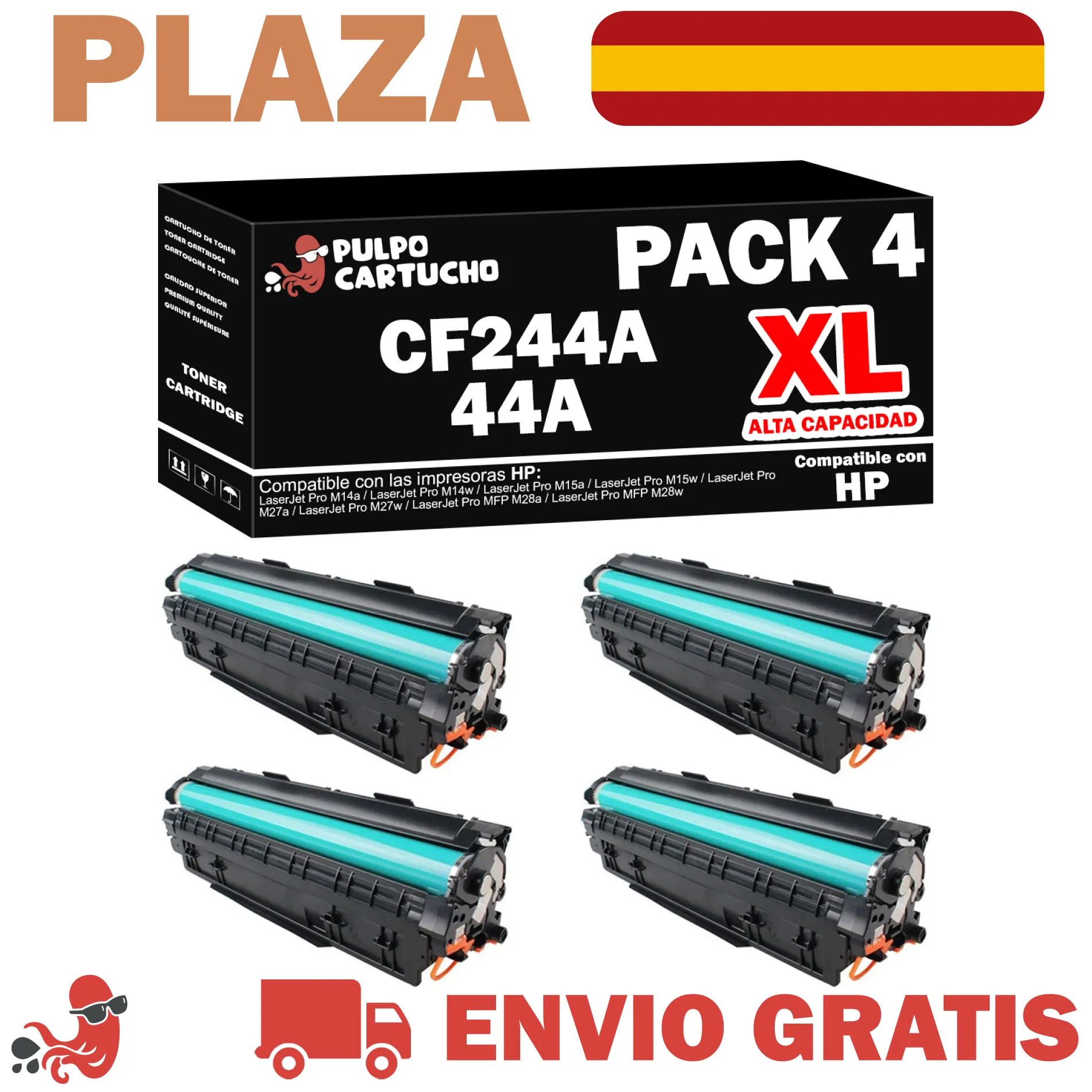 Pack 4 x Toner HP CF244A XL (high capacity) Premium support HP 44A - Non  Oem-LaserJet printer cartridge Pro M14a, M14w, M15a, M15w, M27a, M27w, MFP  M28a, MFP M28w-consumable-capacity 4x2.000 pages -