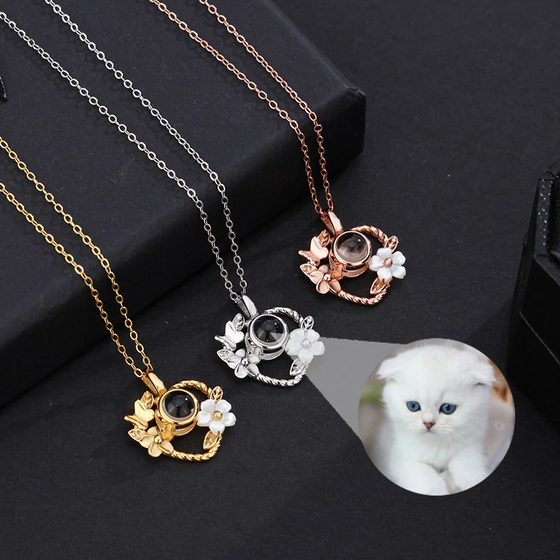 Personalized Custom Photo Projection Necklace S925 Silver Flowers on Heart Shaped Pendant Ladies Jewelry Accessories Chain heart shape dog id tag personalized dogs cats nameplate tags anti lost engraved name plate free gift dog accessories