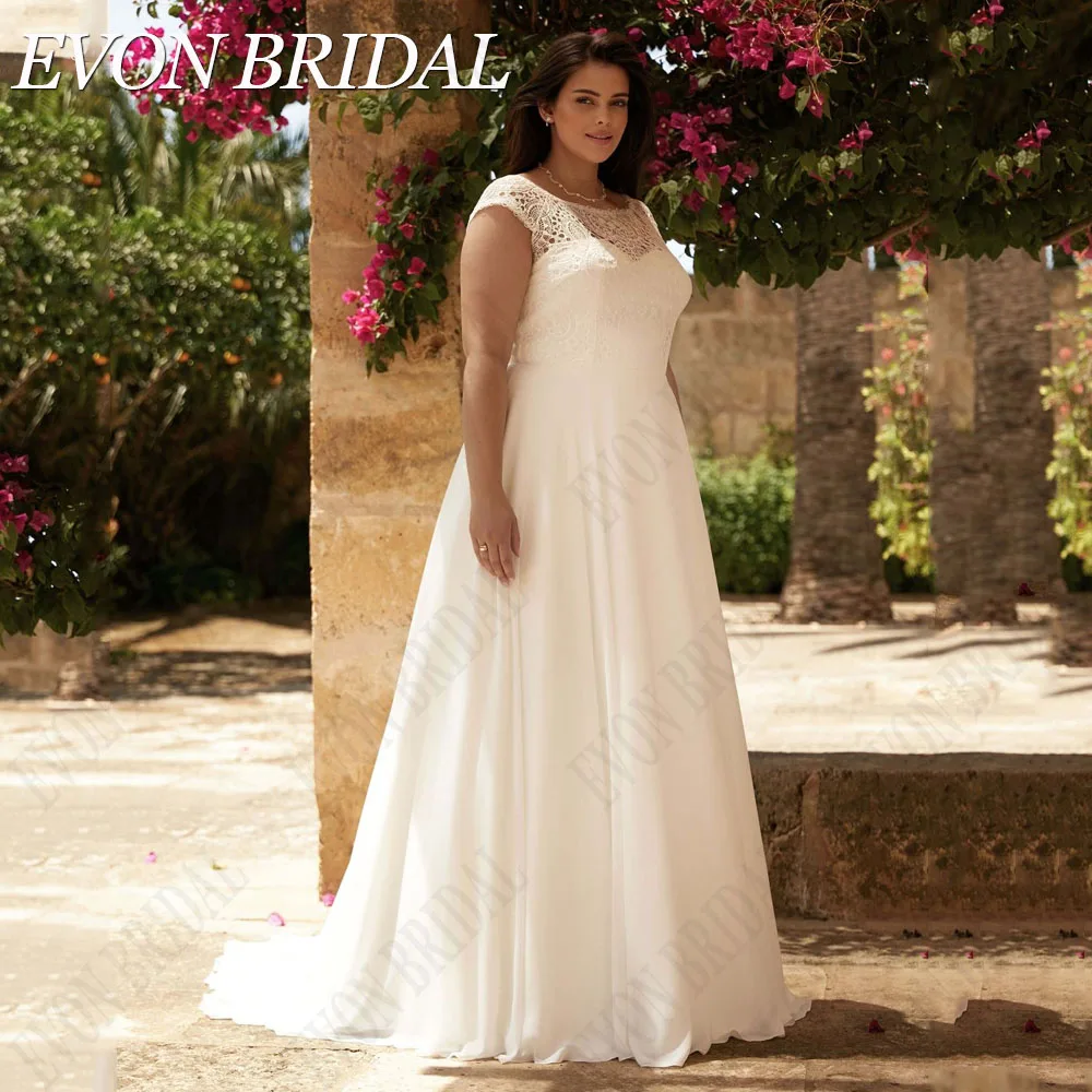 

EVON BRIDAL Boho Cap Sleeves Wedding Dresses Plus Size Scoop Neck Lace Bride Party Gowns Chiffon A-Line 2024 Hochzeitskleid