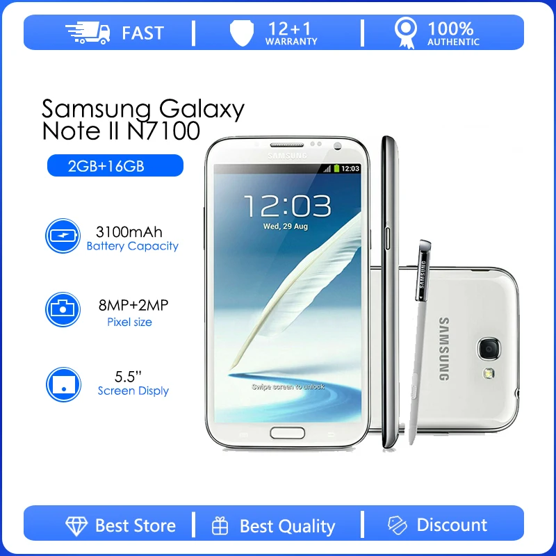

Samsung Galaxy Note II N7100 Refurbished-Original Mobile Phone 5.5" Quad Core 8MP GPS WCDMA Smartphone