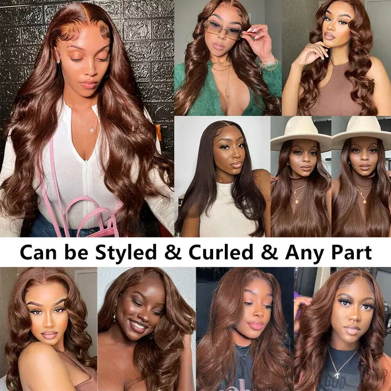 34 Inch Body Wave Chocolate Brown Lace Front Wigs Human Hair Pre Plucked Brazilian Brown Virgin Hair Glueless HD Frontal Wig 4