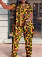 Plus Size European and American Multicolored Plaid Geometric Print Outfit, Fashionable Wide-Leg Pants Set, Comfortable to Wear,