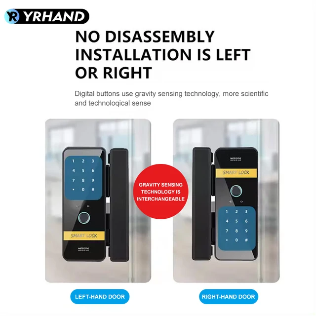YRHAND Automatic tuya app Keyless Entry fingerprint Glass Smart Hook Lock with key For office framess Sliding Door 3