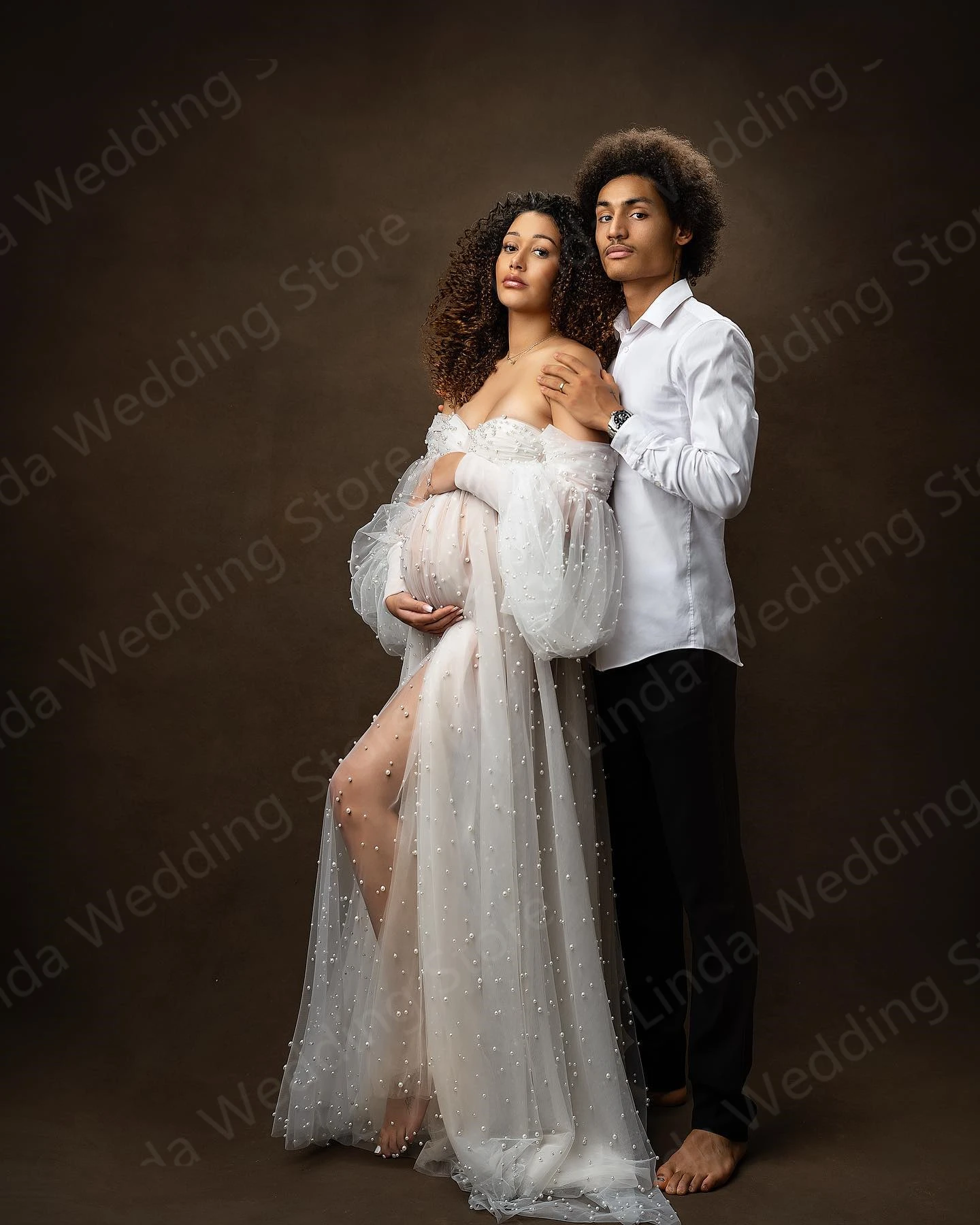 Ivory Bridal Pearls Maternity Dress for Photography Long Sleeve Pregnant Photoshoot Robe Photo Shoot Dresses Women Baby Shower