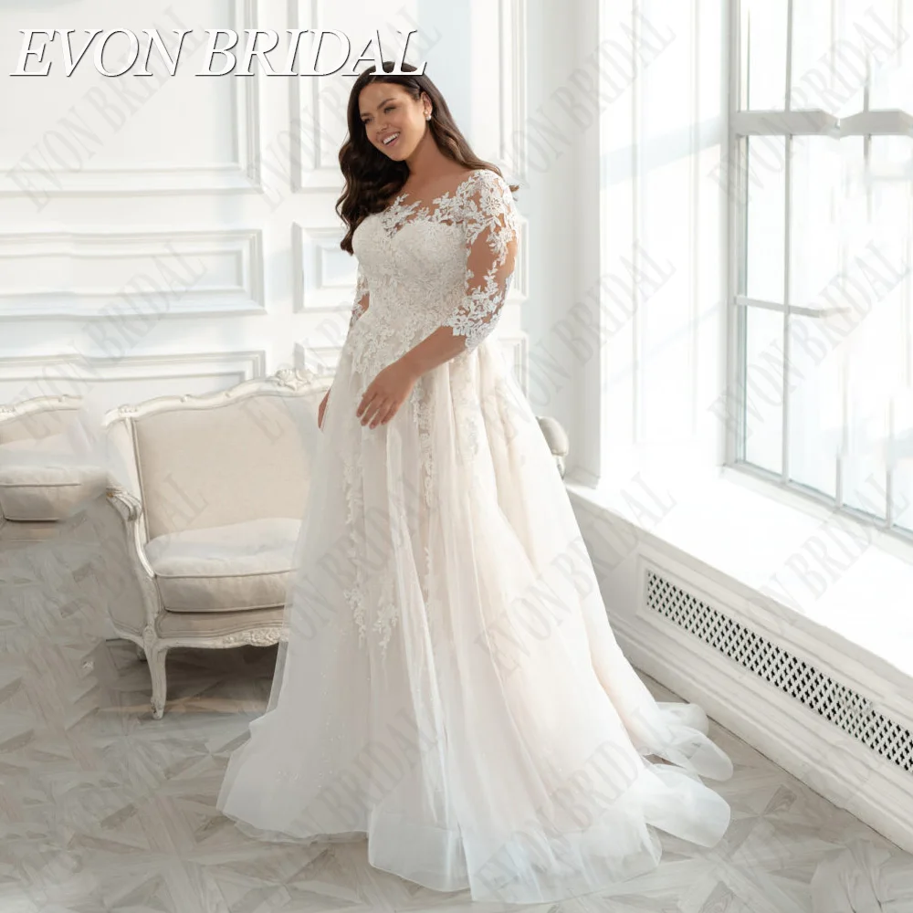 

EVON BRIDAL Exquisite Wedding Dress 2024 Plus Size 3/4 Sleeves Applique Bride Gowns A-Line Tulle Illusion vestidos de novia