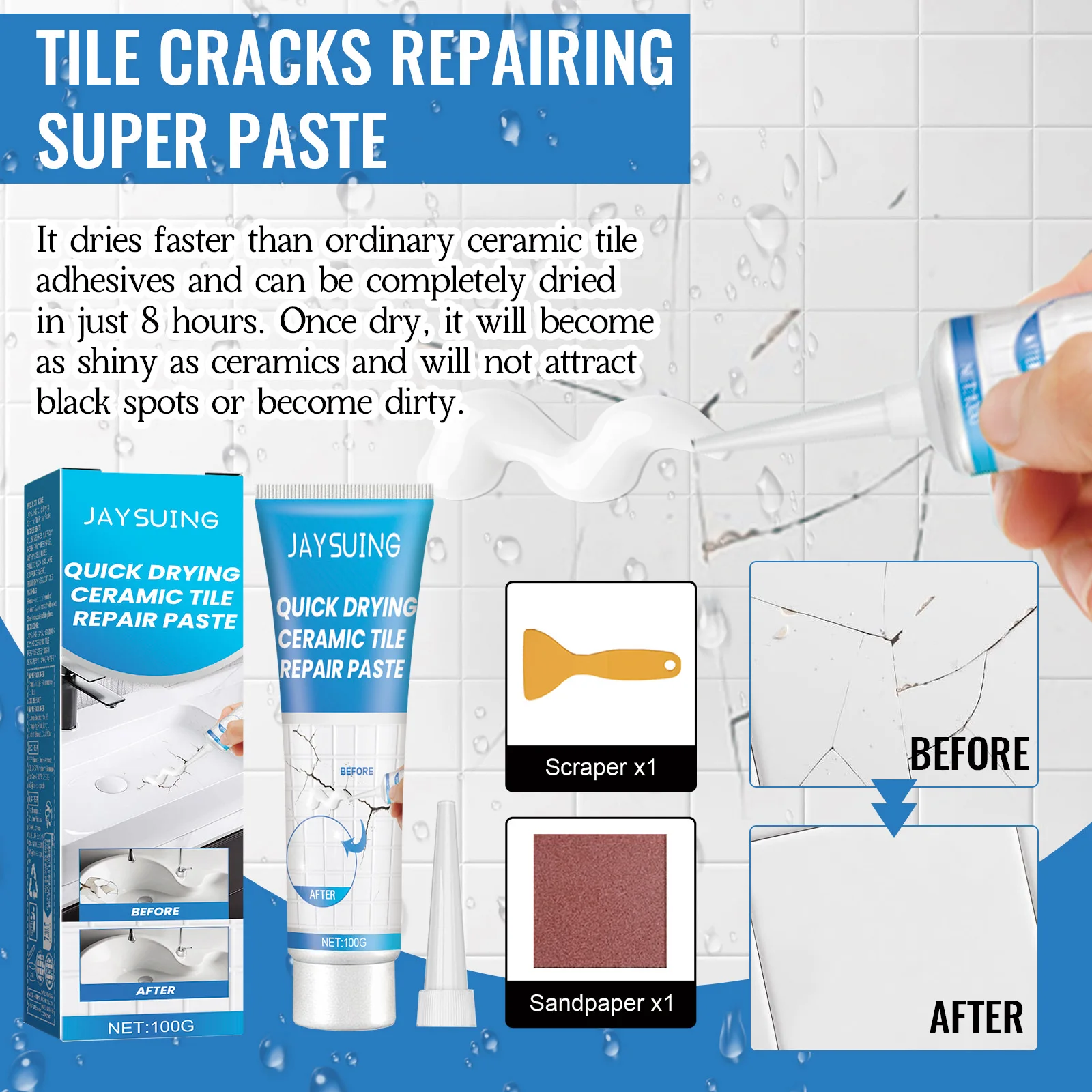 Jaysuing Ceramic Tile Repair Adhesive for Bathtub Furnitute Strong Sealing Quick Drying Dustproof Waterproof Ceramic Repair Glue