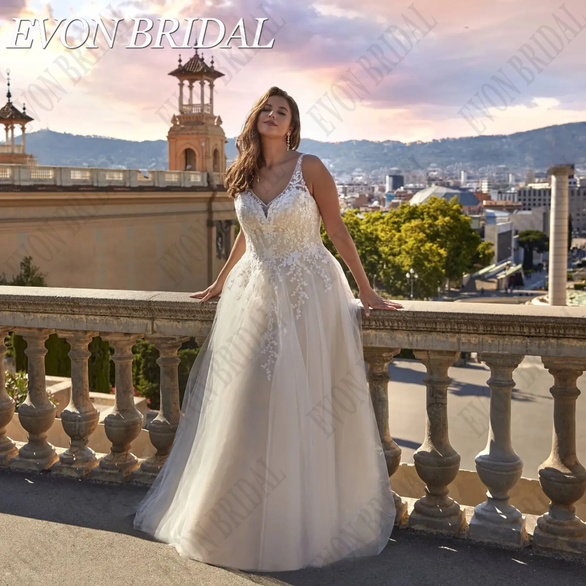 EVON BRIDAL Oversize Wedding Dresses 2024 Bride Sleeveless A-Line V-Neck Tulle Boho Vestidos De Novia Applique Button Back 4