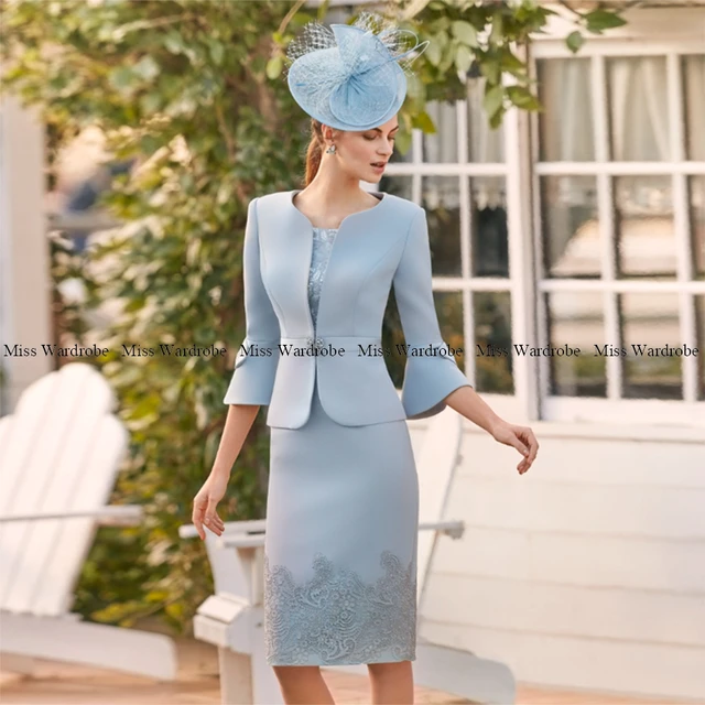 Exquisite Lace Mother of the Bride Dresses For Wedding Blue Scoop Neck  Party Prom Gowns With Jacket Mother Gowns Knee Length - AliExpress